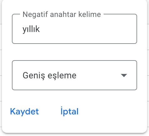 negatif kelimeler geniş eşleme